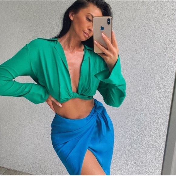 ZARA High Waisted Pareo Knot Skirt Blue - Picture 4 of 6